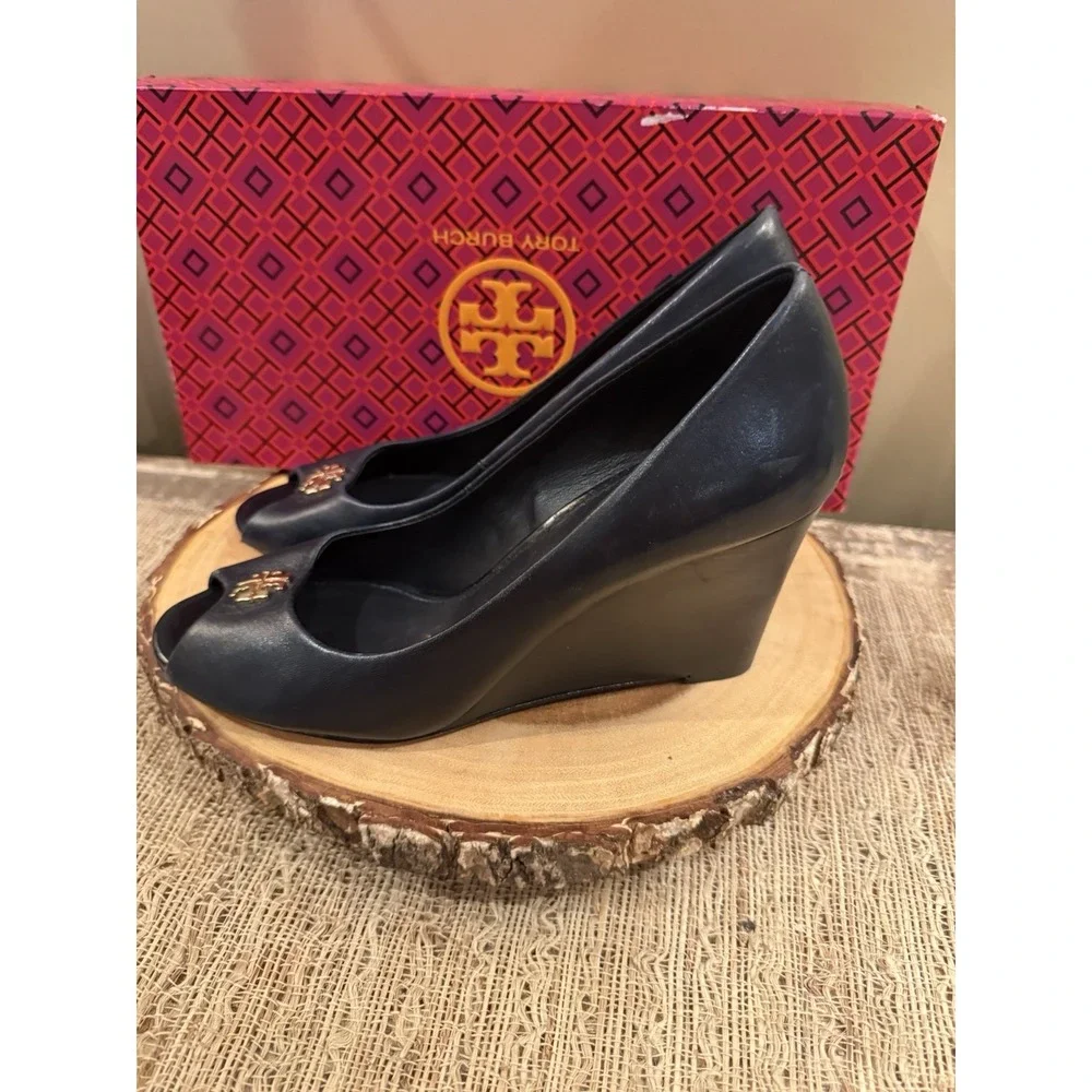Tory Burch Jolie Peep Toe Wedge Pump Navy Blue Nappa Leather MRSP Sz-8 $290